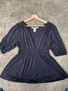 Studio M Black V-Neck Smocked Waist Peasant Blouse